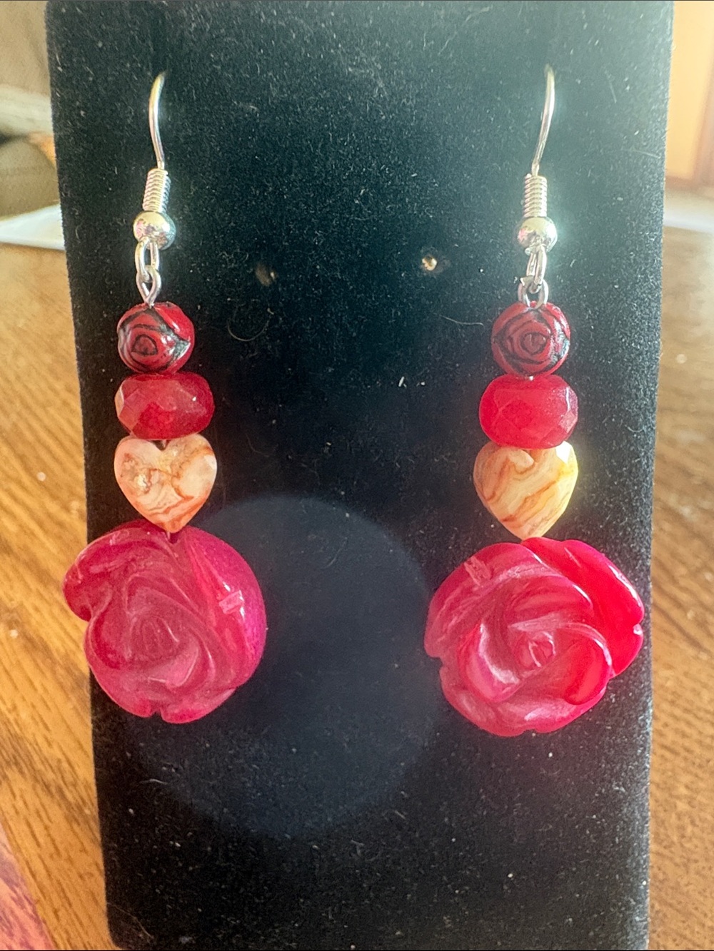 Handmade Carved Ruby Red Rose Dangle Earrings with Stone Accents